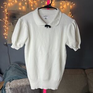 Cloud Ten White Ribbed Puff Sleeve Knit Top | Peter Pan Collar | Size S